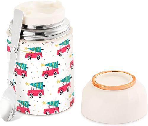 Miniatura 1 de MCHIVER Christmas Cute Truck Tree Food Jar with Spoon Stainless Steel Vacuum Insulated Food Container 17 oz Food Thermos for Lunch