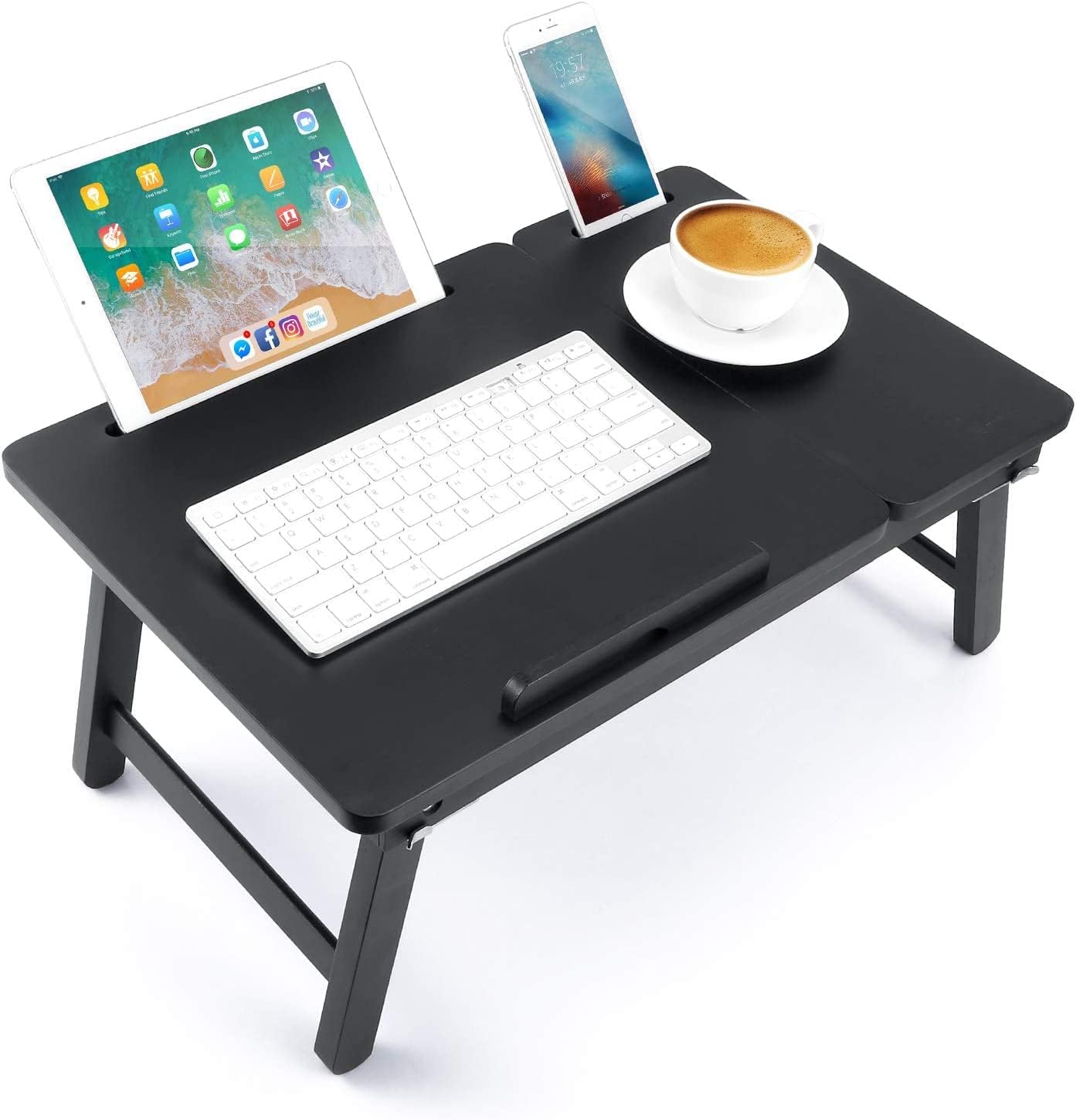 Nnewvante Lap Desk Nnewvante Bed Tray Table Foldable Laptop Desk Bamboo Breakfast Serving Tray with Drawer Tablet Slots Black