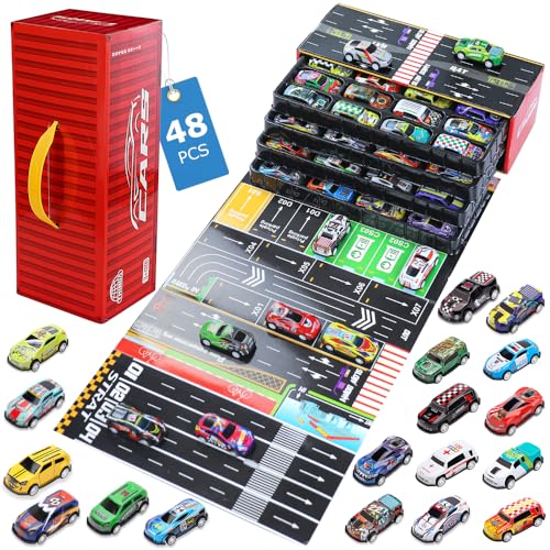 48 Pcs Pull Back Cars Toy Set with Gift Packaging Play Garage and Runway for Kids Ages 3-8+ Metal Shell Mini Racing Cars with Plastic Parts for Party Favors Classroom Prizes Random Colors