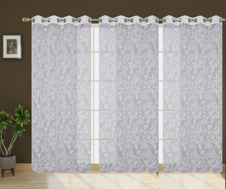 Image of Net Flower Curtains for Window, Door, Long Door, Drawing Room. Living Room. Pooja Room (4X5 Feet) Set of 3 Pcs, White