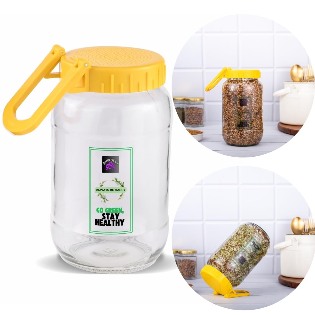 Anirdesh Sprouting Jar Germination Kit – 1000ml Wide Mouth Glass Jar with ABS Plastic Lid, Blackout Sleeve & User Guide – Ideal for Growing Broccoli, Alfalfa, Mung Beans & Microgreens (LIME YELLOW)