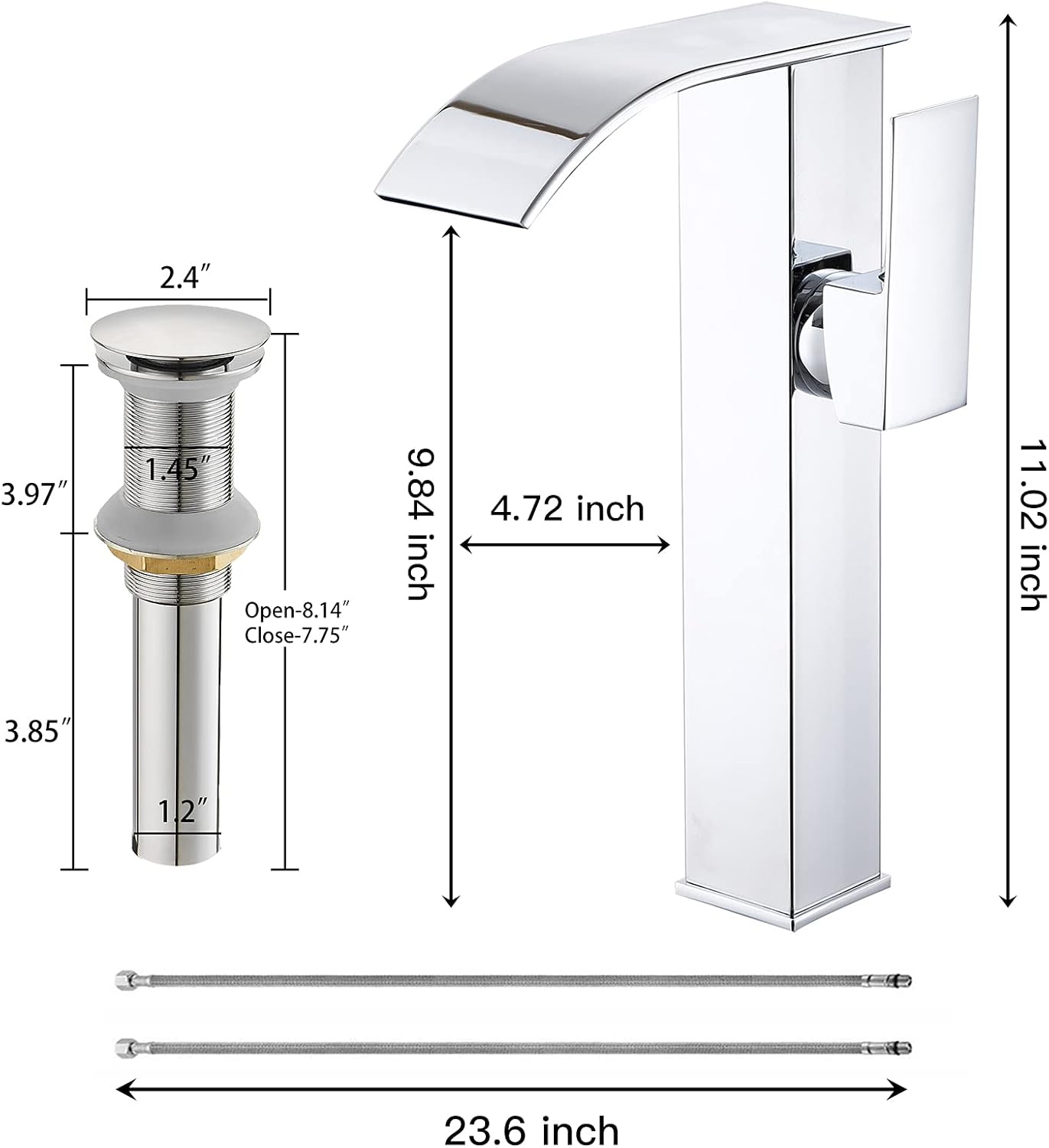 Chrome Bathroom Vessel Faucet Waterfall Spout Single Hole One Handle Deck Mount Bowl Sink Faucets Matching Pop Up Drain Without Overflow Tall Lavatory Vanity Bar Tap Commercial Modern
