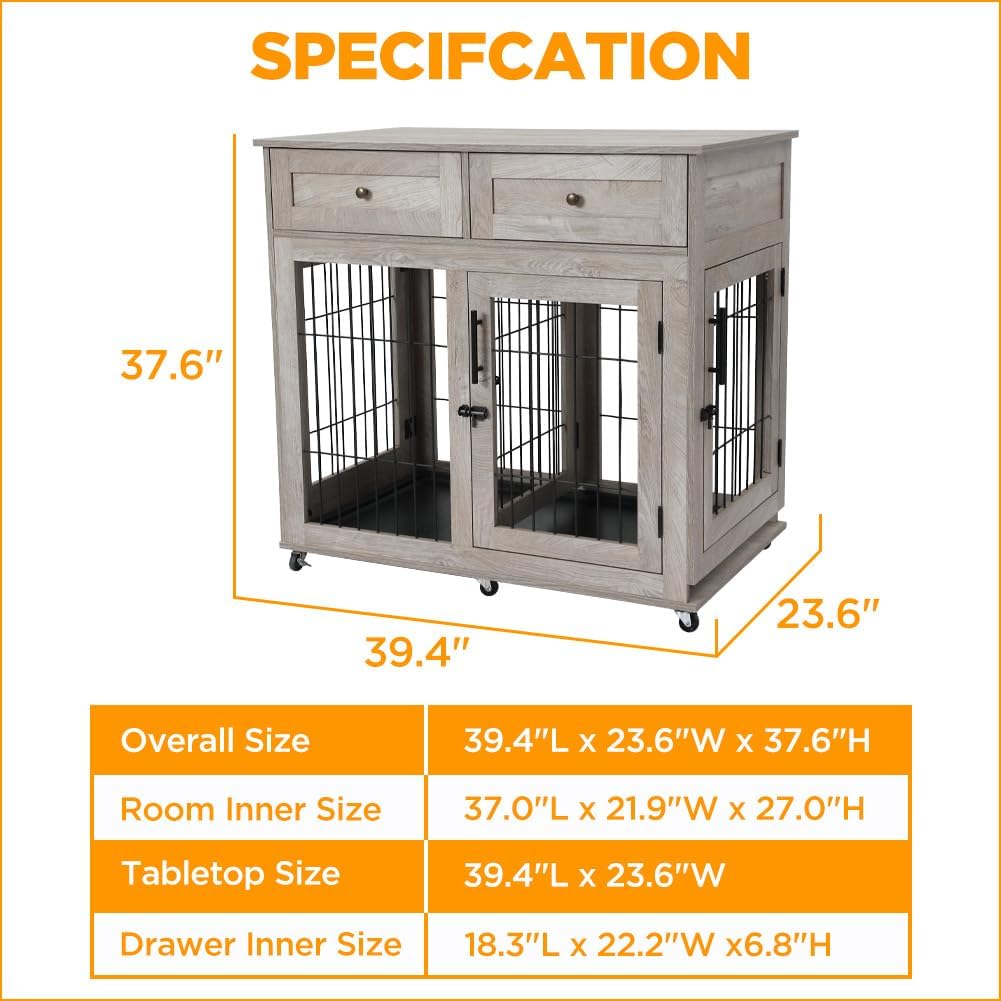 Dog Crate Furniture with 2 Drawer,39.4" Large Wooden Dog Kennel Crate End Table with Wheels,Dog Cage Dog House for Small/Medium/Large Dog,Sturdy Anti-Chew Grey