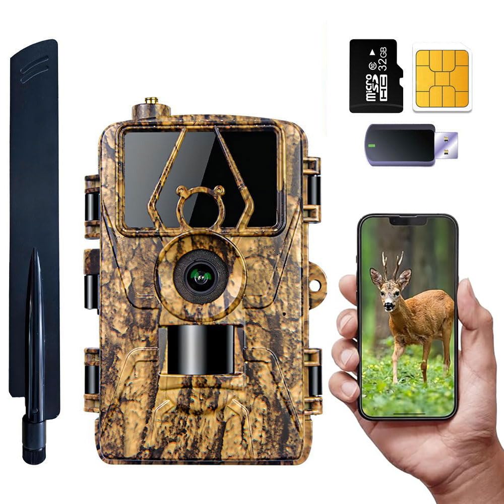Cámara de Caza 4G LTE con App y Tarjeta SIM, 8K 60MP Camara Fototrampeo, Camara Caza Nocturna con IR Invisible, Sensor 0.2s de Tiempo Activación, IP66 Prueba de Agua para Monitoreo de Vida Silvestre