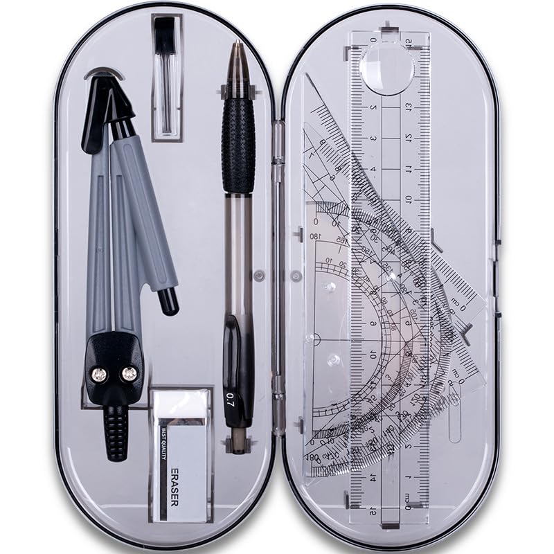 8 pieces Geometry Compass Set Grey Drafting Set School Maths Protractor Set Pencil Lead Refills Compass Pencil Eraser Rulers with Carry Case for Drafting Student Teacher School