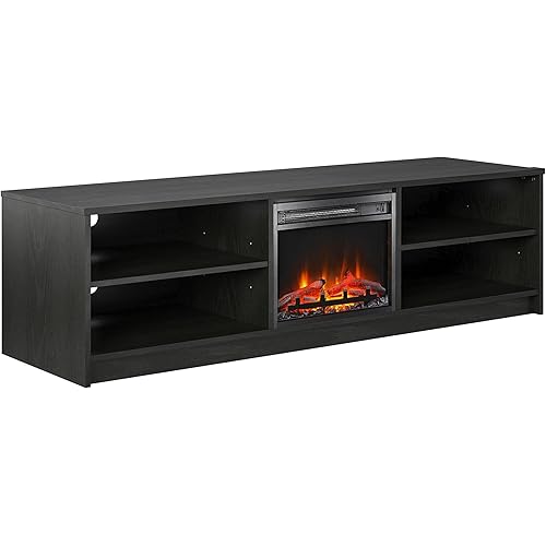 Ameriwood Home Noble TV Stand with Electric Fireplace Insert and 4 Shelves, 75", Black Oak