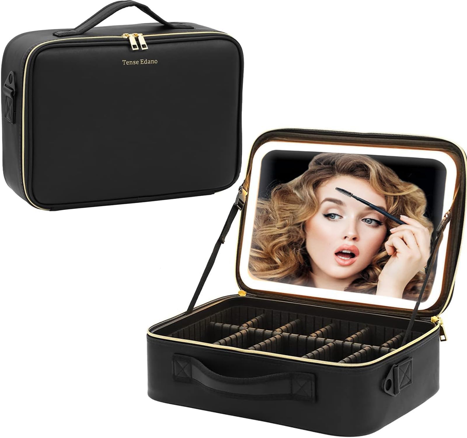 Makeup Train Case, Makeup Bag with Mirror, Travel Makeup Organizer with Light 3 Color Adjust, Partition Adjustment Cosmetic Bag, Rechargeable Makeup Organizer Bag (Ultra-Large Capacity)