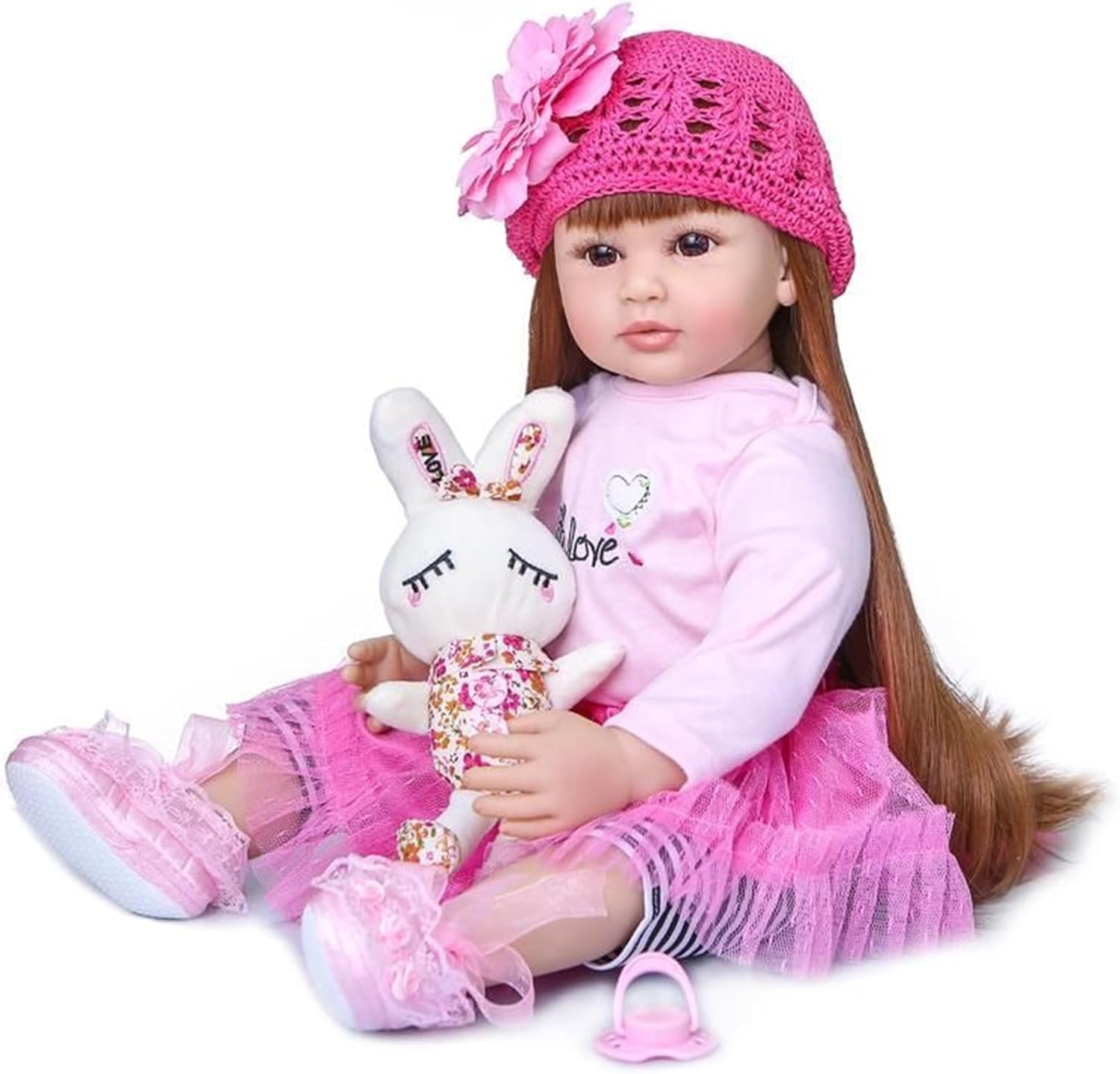 22 Inch Reborn Baby Girl Doll, Lifelike Soft Body Newborn Doll, Long Hair Pink Crochet Flower Hat, Pink Tutu Outfit With Pacifier, Reborn Doll Gift For Girls Collectors Age 3+