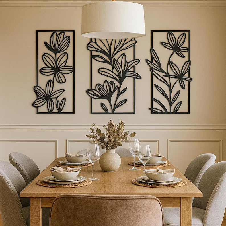 Image of Set of 3 Black Floral woodan Metal Wall Art - 30x18cm Each - Modern Botanical Decor for Bedroom, Dining Room, Hallway or Office - Great Gift