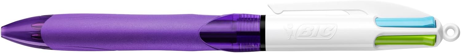 BIC 4-Color Grip Ballpoint Pen, Purple Barrel, Medium Point (1.0mm), Assorted Inks, 3-Count