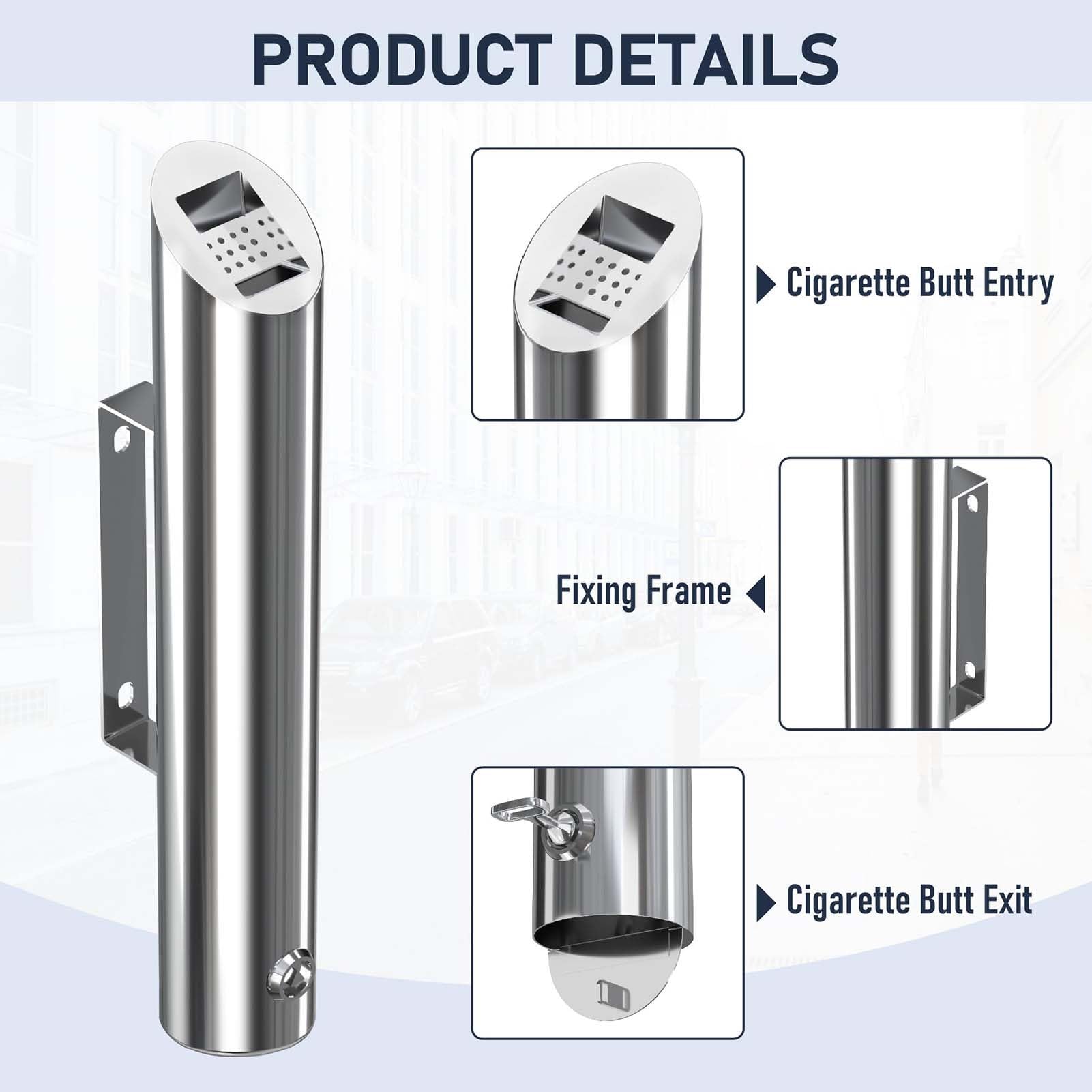Cenicero montado en la pared, contenedor de residuos de acero inoxidable para exteriores, soporte para colillas de cigarrillos de 1,8 L con llave, contenedor de ceniza de pie para cigarrillos