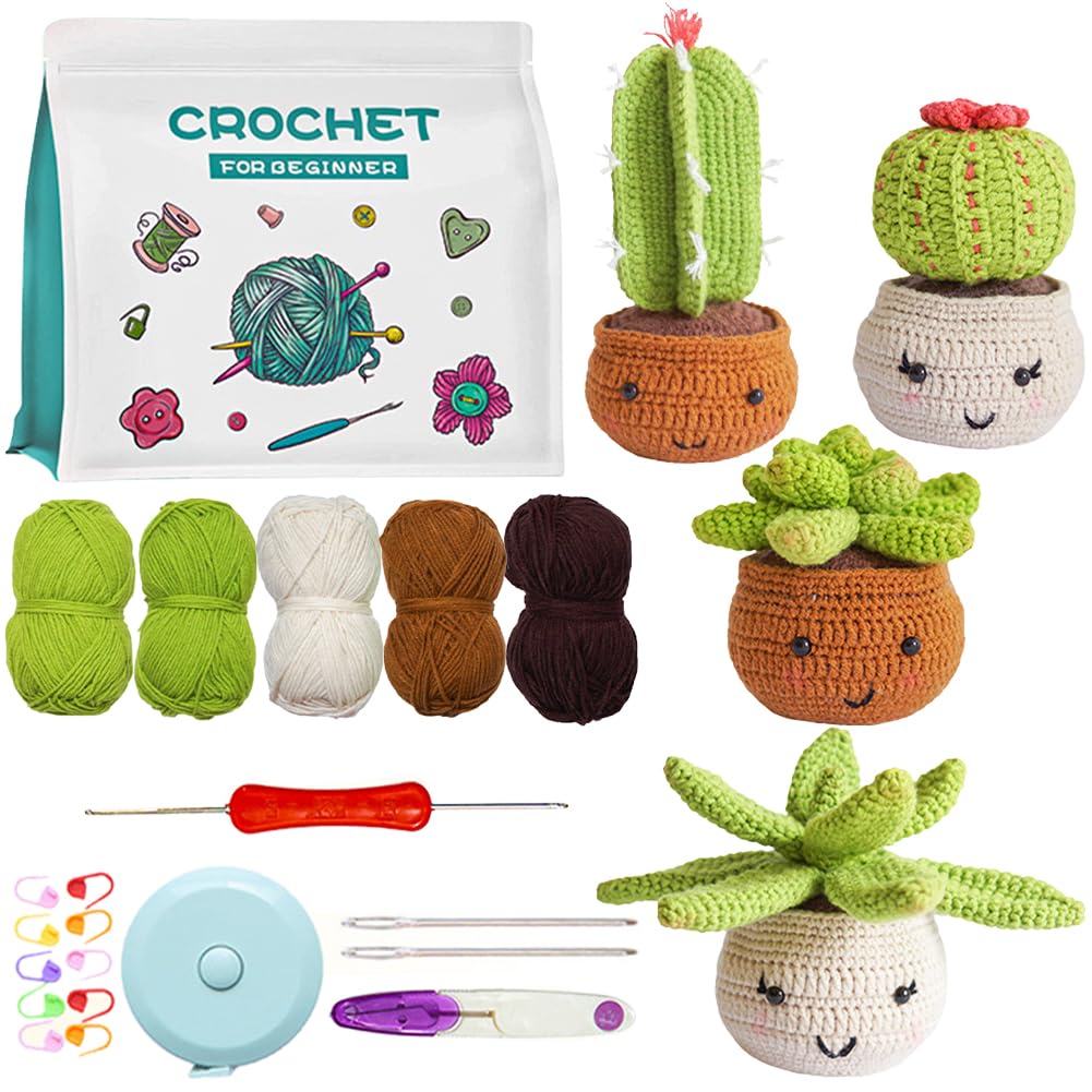Kit De Crochet Pour Débutants - Avec Fil, Crochets Et Instructions Pour Créer 3 Cactus - Tutoriel Vidéo Inclus