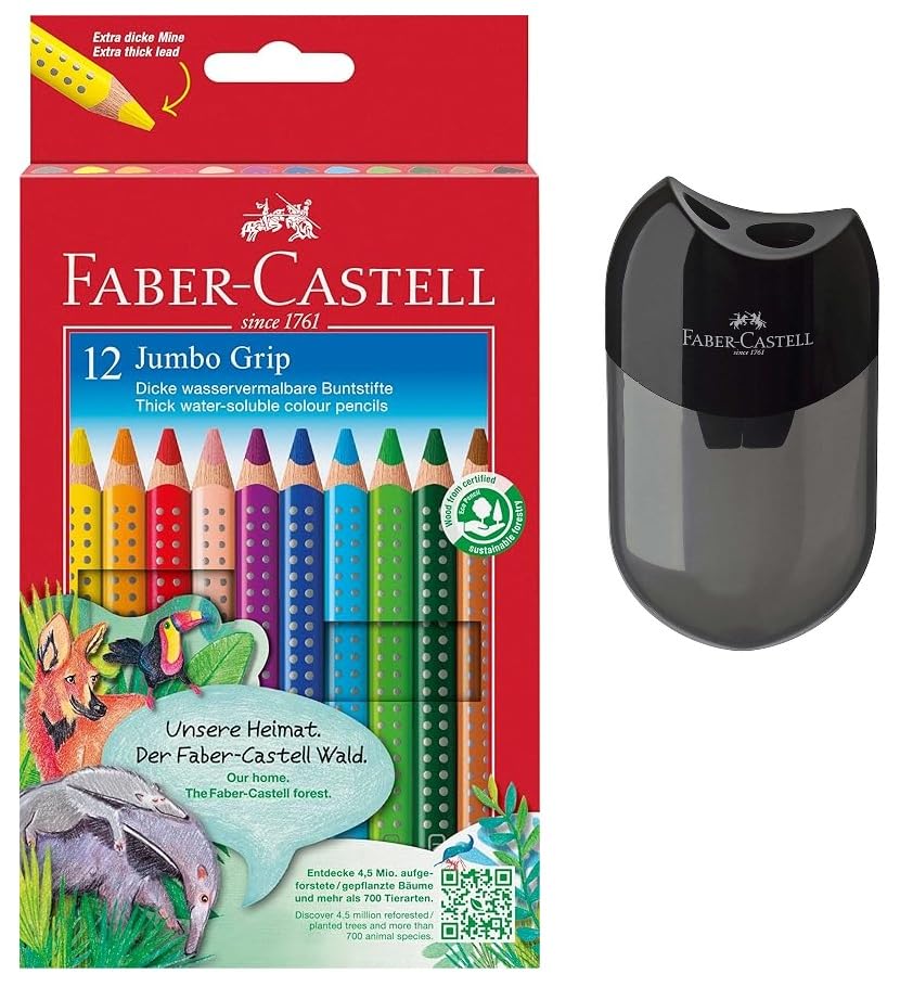 Faber-Castell 110912 Jumbo Grip Buntstifte für Kinder, Malstifte mit Grip und dreieckigem Schaft, wasserlöslichen Pigmenten, leicht auswaschbar und bruchsicher (12er Set + Anspitzdose)