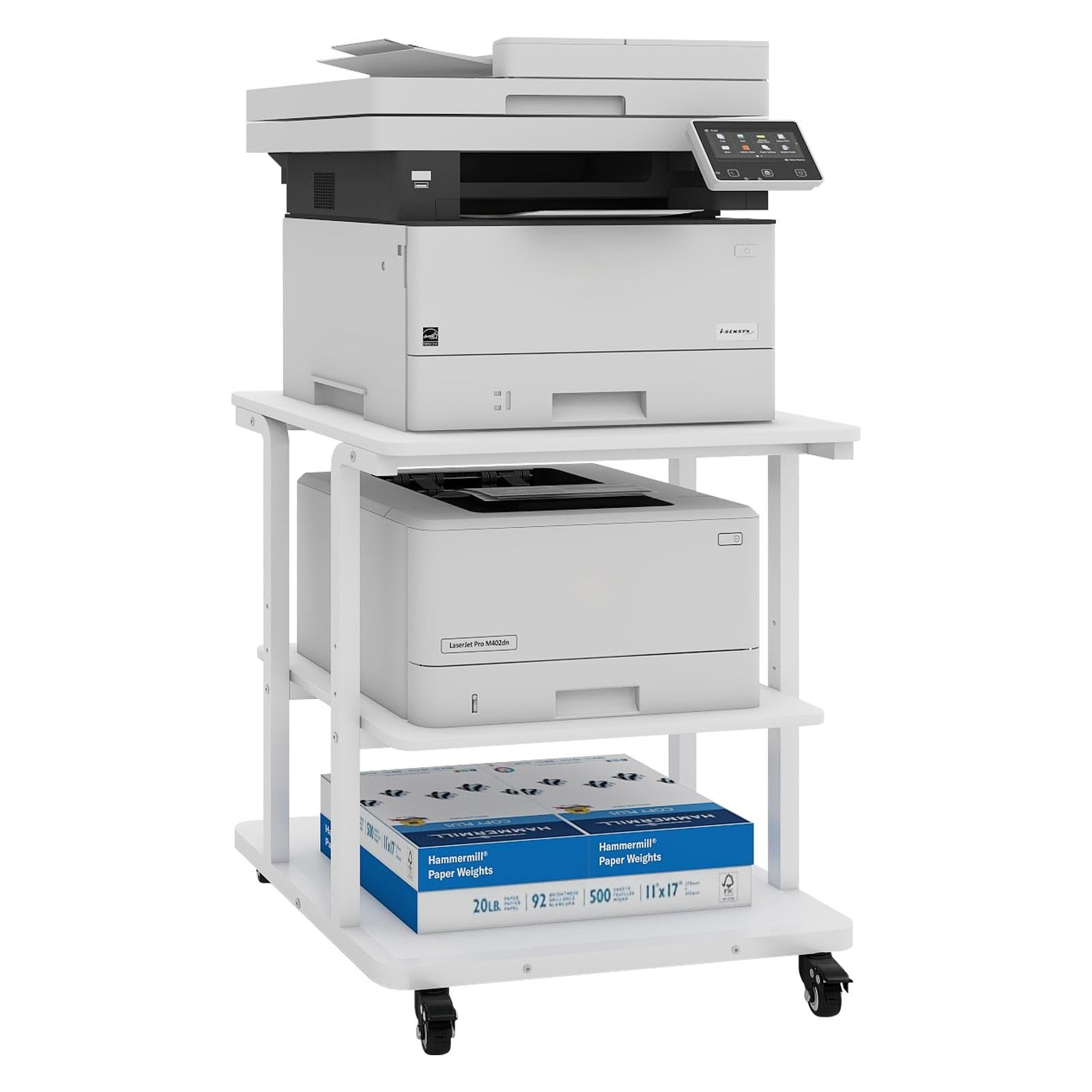 PUNCIA Supporto per Stampante a 3 Livelli Mobile Comodini 60x50x68CM Carrello Porta Tavolino di Stoccaggio con Ruote Scaffale Porta Stampante Sotto Scrivania in Legno per Ufficio e Casa (Bianco)