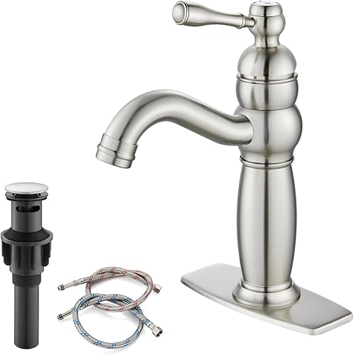 gotonovo Grifo de fregadero de baño para fregadero, 1 agujero, níquel cepillado, mango único, montaje en cubierta, manguera de suministro y orificio
