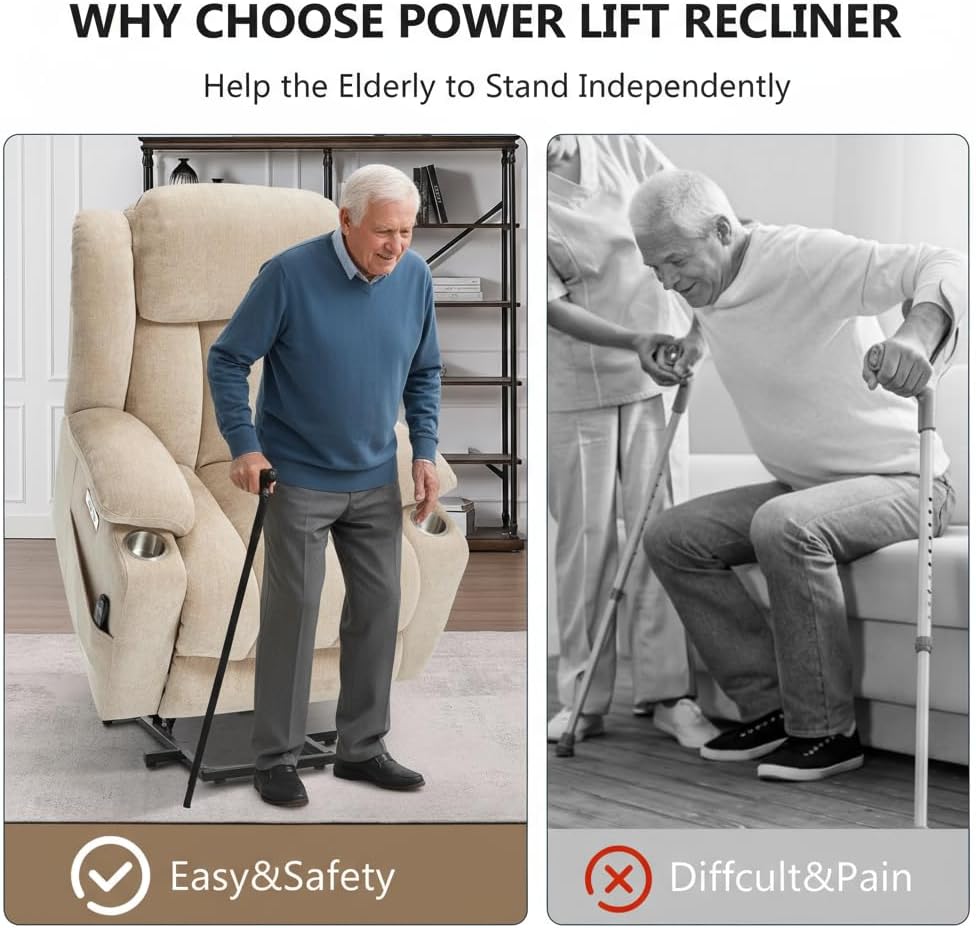 PELUMY Power Lift Recliner Chair for Elderly, Heavy Duty 350 lbs, Massage & Heat, Dual USB Ports & Cup Holders, Electric Recliner, Chenille Fabric (Beige)