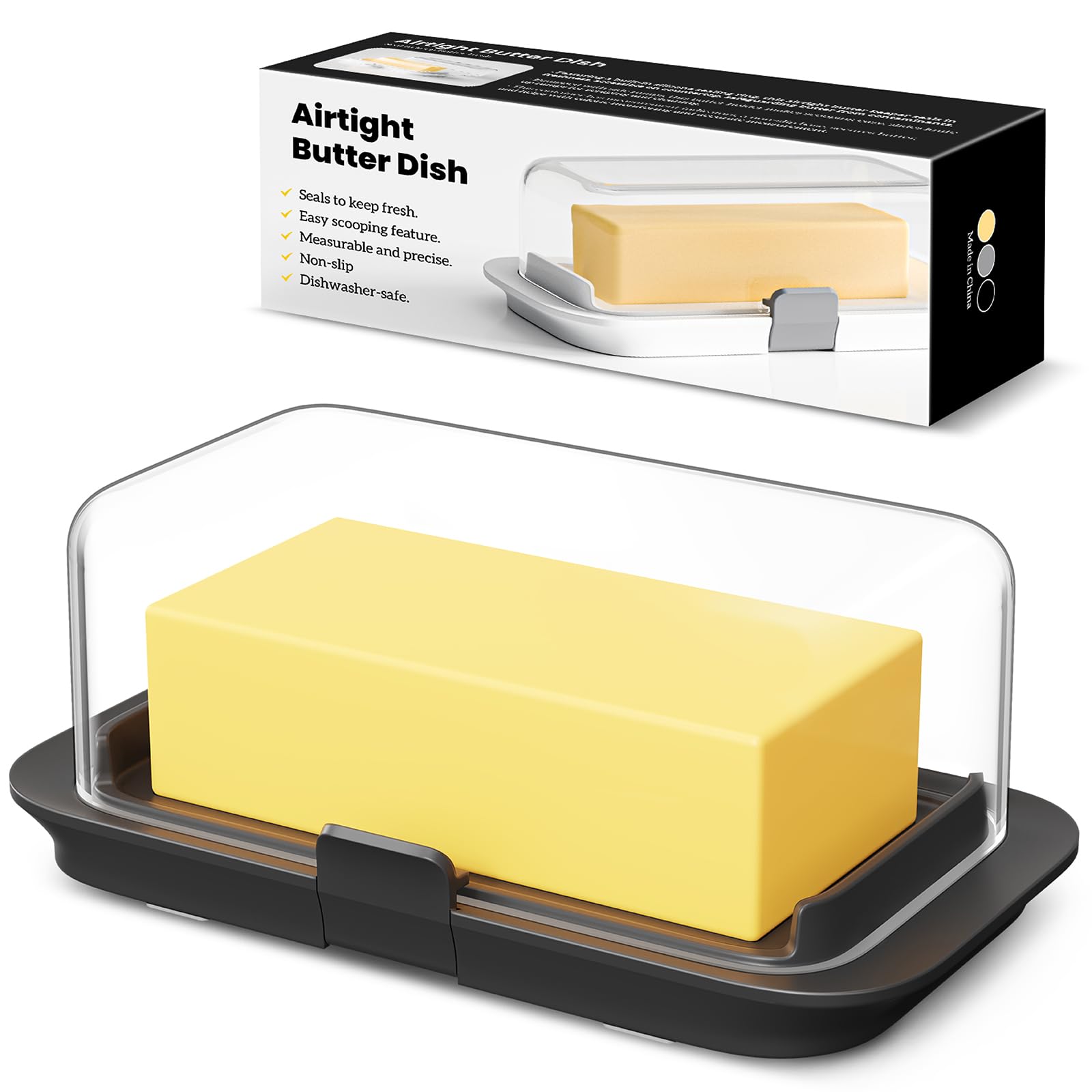 Pisol Butterdose für 250 g und 500 g Butter, Große Luftdichter Butterbehälter mit Deckel für ein volles Pfund Butterblock, Verschließbarer Butterbehälter für die Arbeitsplatte, Schwarz