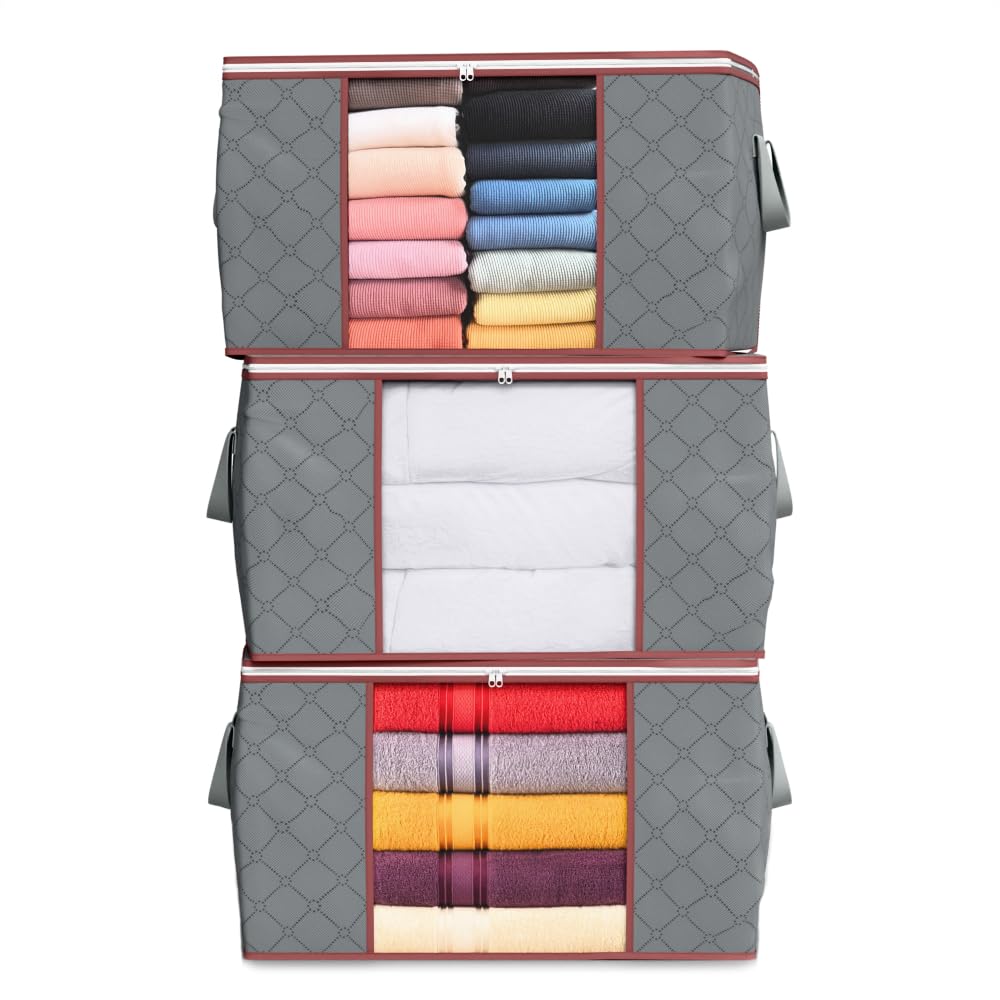 Clothes Storage Bags with Zip,Clothing Storage Boxes With Lids &Reinforced Handles| Foldable Closet Organizers for Clothes, Blankets, Duvet, Comforters, Bedding & Toys| 60L 3 Packing Moving Bags