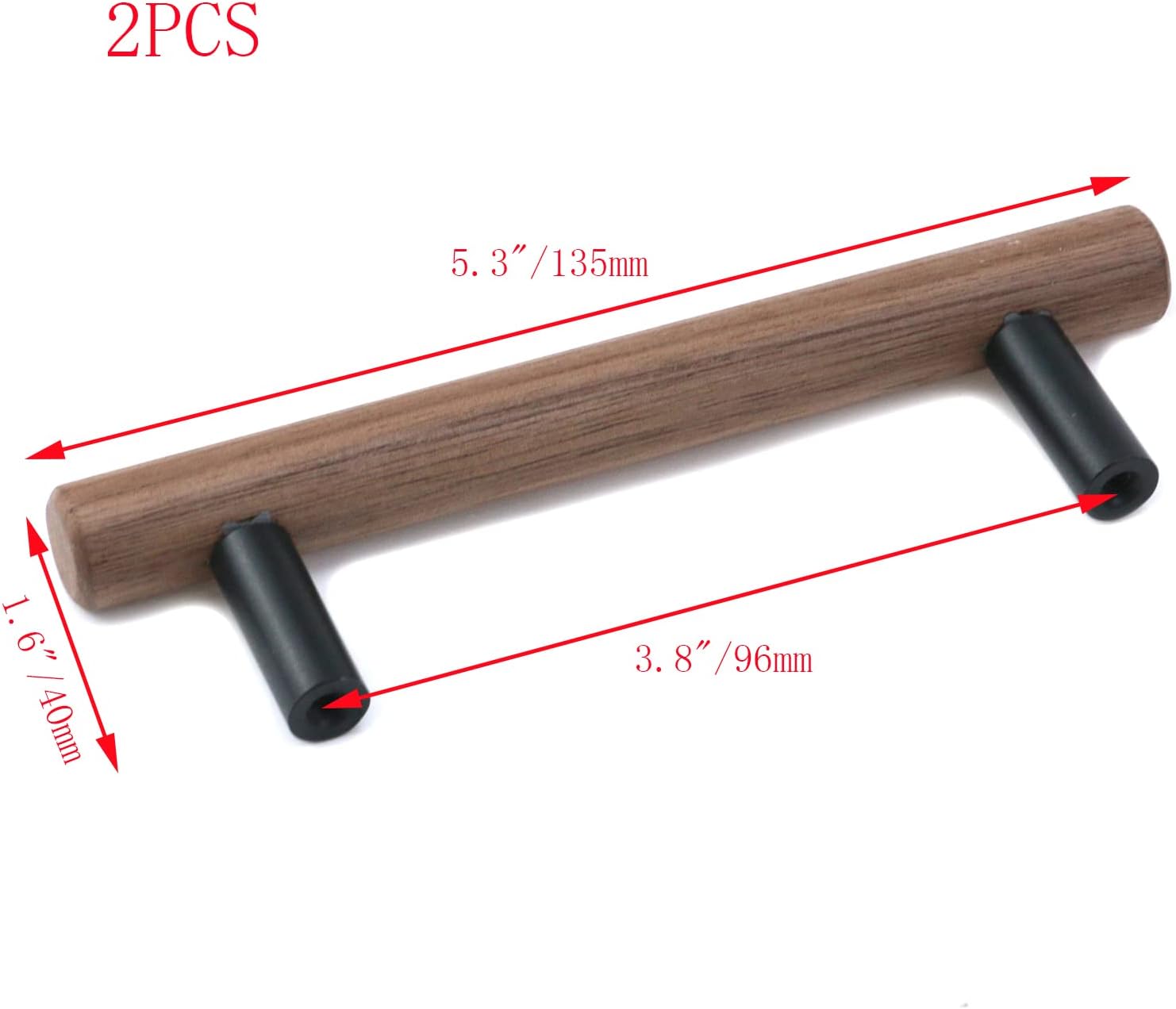 2Pcs Walnut Solid Wood Pulls Handles Aluminum Alloy Black Base Kitchen Wardrobe Cabinet Hardware Pull Handle Drawer Dresser Pull Handle (Round Handle, Round Black Base, Hole Center 3.8"/96mm)