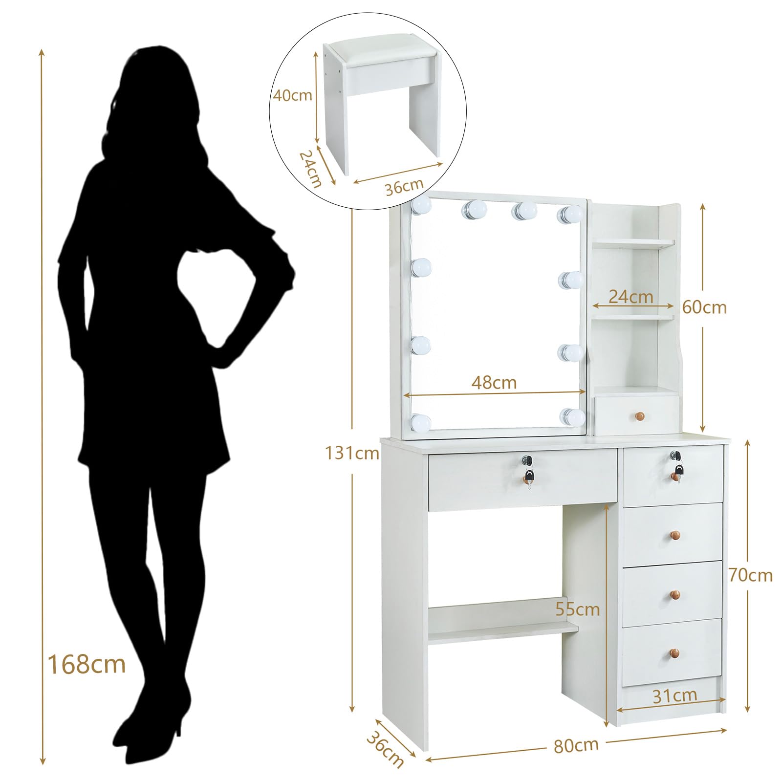 Schminktisch mit LED Beleuchtung und Hocker, 3 Farbtemperaturen und Helligkeit Einstellbar, Frisiertisch mit Spiegel für Make up, 6 Schubladen, 131 x 80 x 36 cm, Weiß