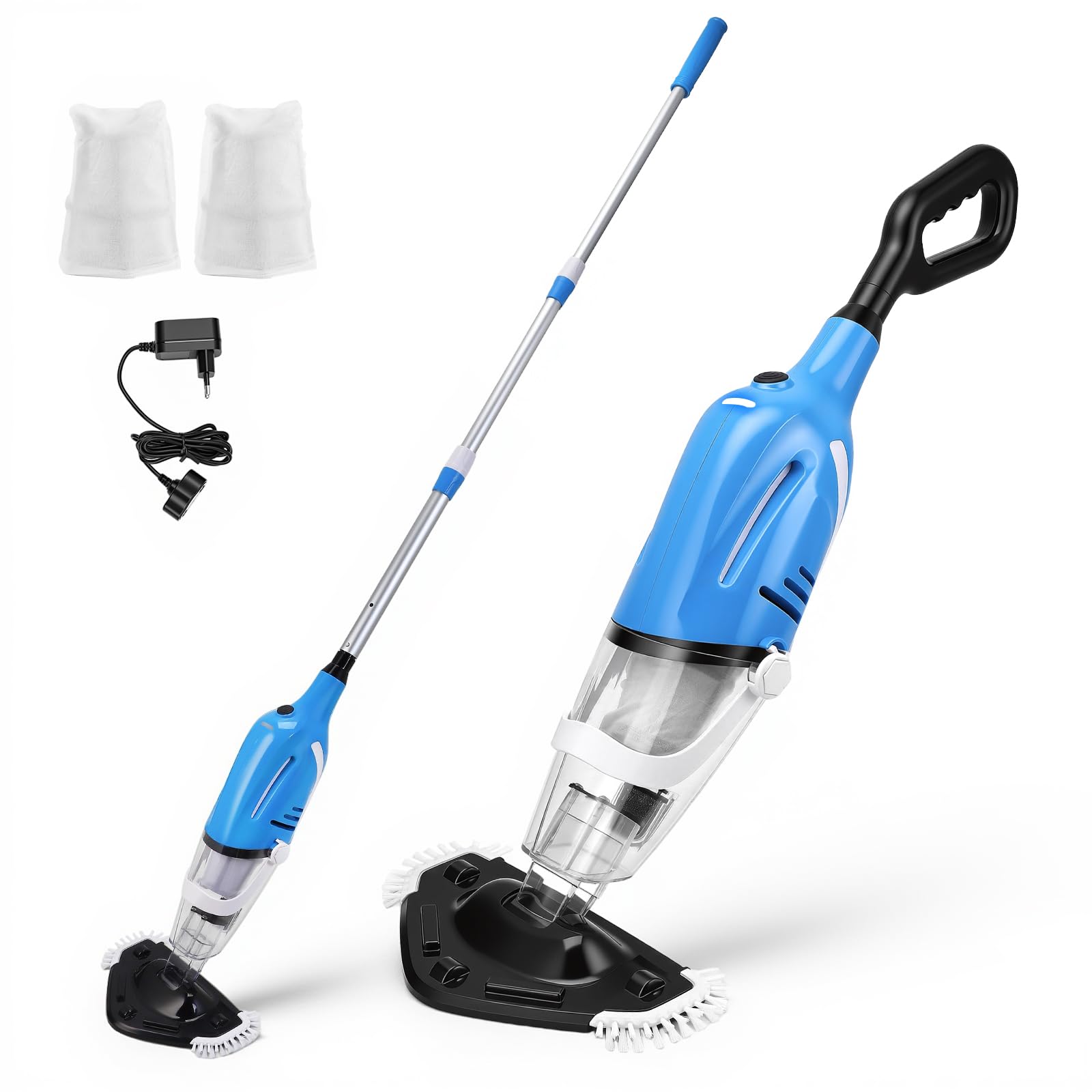 Aspirateur Piscine sans Fil 40L/Min, Démarrage Automatique par Immersion, Perche Télescopique 139-199cm, 2 Sacs Filtres Inclus pour Petites Piscine, Jacuzzi, Spa