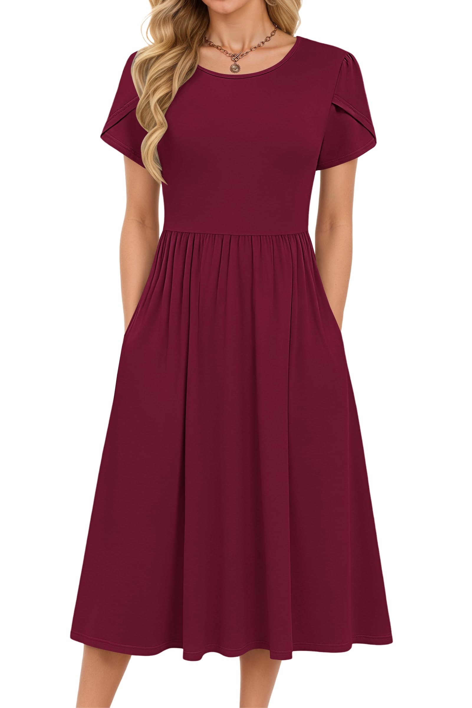 MOLERANI Women Summer Dresses - Short Sleeve Round Neck A-line Sundress Plain Dress Casual Swing Elastic Waist Midi Dress with Pockets Wine Red M