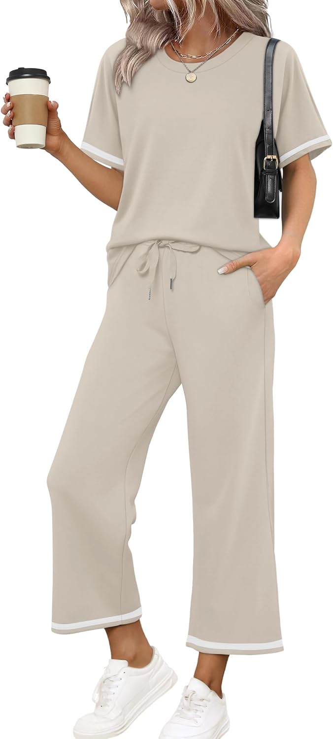 SAMPEEL 2 Piece Sets for Women Casual Summer Travel Vacation Outfits Short Sleeve Lounge Set - Image 2