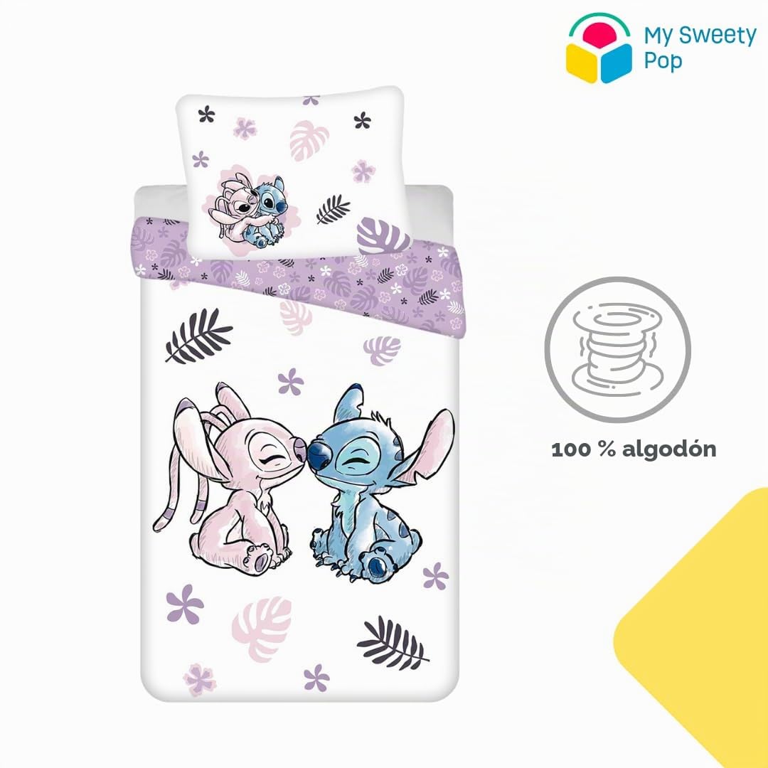 My sweety pop - Juego de cama para niña Lilo&Stitch de 2 piezas, funda de edredón reversible, 140 x 200 cm, funda de almohada, 70 x 90 cm, algodón, color morado y blanco