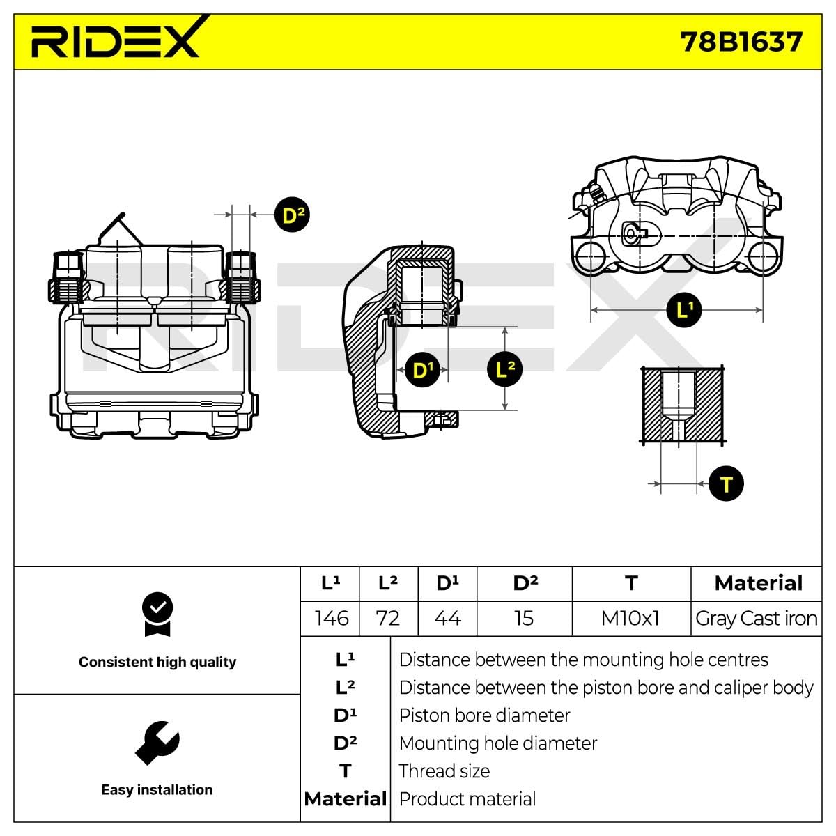 Zacisk Hamulcowy Przedni Lewy RIDEX 78B1637 Kompatybilny z VOLVO XC60 156 XC90 I VAN 275 XC90 I 275 XC60 I VAN 156