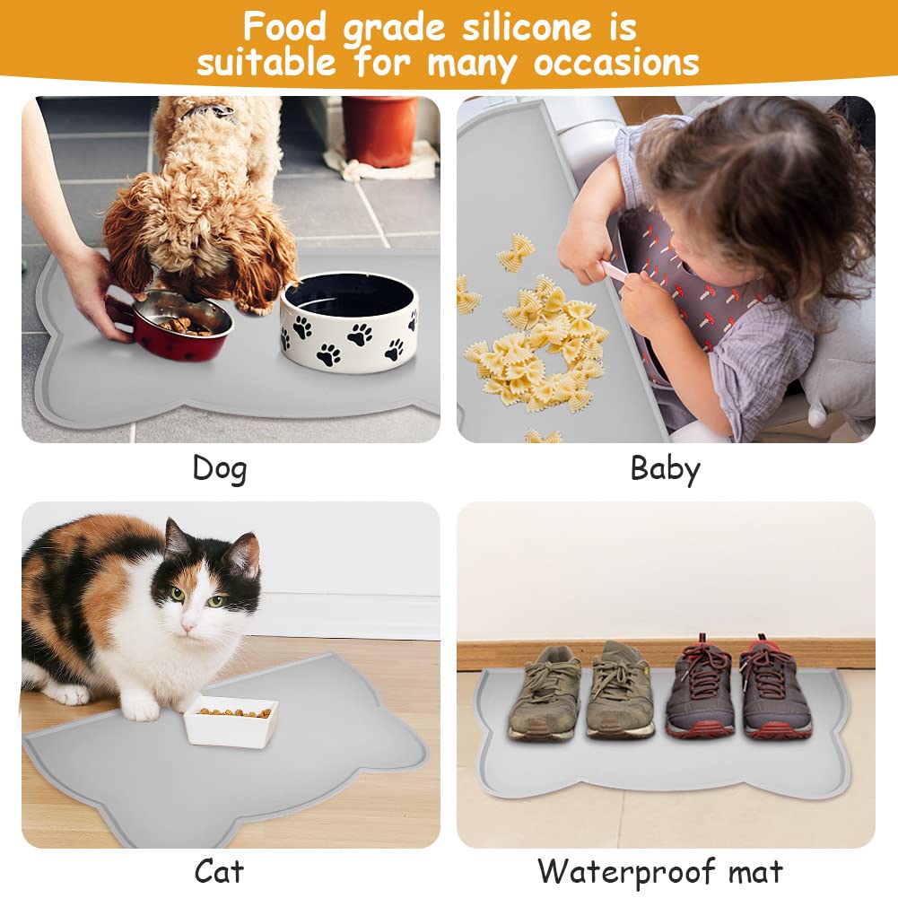 VSSHE Tappetino Ciotola Cani e Gatti in Silicone, 44 x 25 cm Tappetino per Ciotola di Cibo Antiscivolo, Tappetino Sottociotola per Animali Domestici, Evitare Fuoriuscite di Acqua o Cibo (Grigio)
