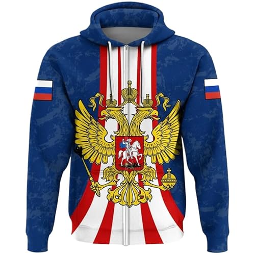 KETAFOUND Unisex-Winterpullover – Jacken Mit 3D-Aufdruck Der Russischen Flagge, Durchgehender Reißverschluss, Kapuzenpullover, Warmer Mantel Mit Taschen, Muster des Nationalwappens, Gro