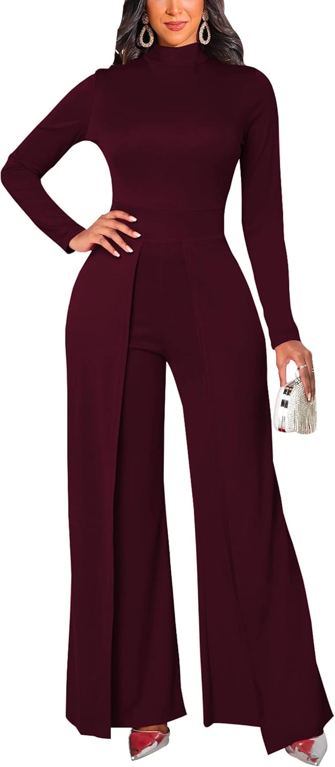 Women's Casual Long Sleeve Round Neck Jumpsuits Work Wide Leg Pants Club Party Loose Rompers