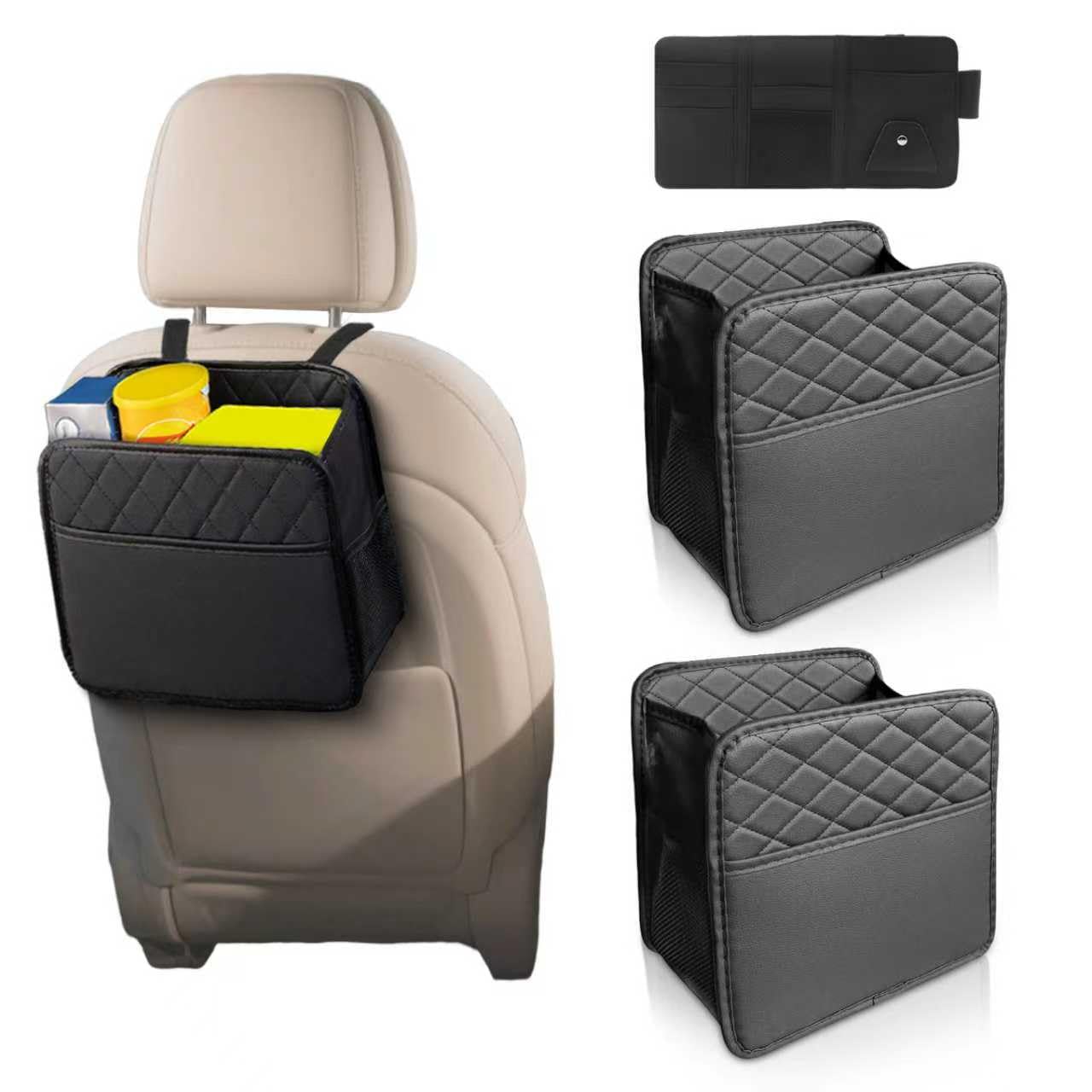 HYZCXPL 2PCS Autositz Organizer, Auto Organizer RüCksitz, Auto Organizer Beifahrersitz, Aufbewahrungstasche füR Autositz, Schwarz, Mit Sonnenblenden-Aufbewahrungsbox