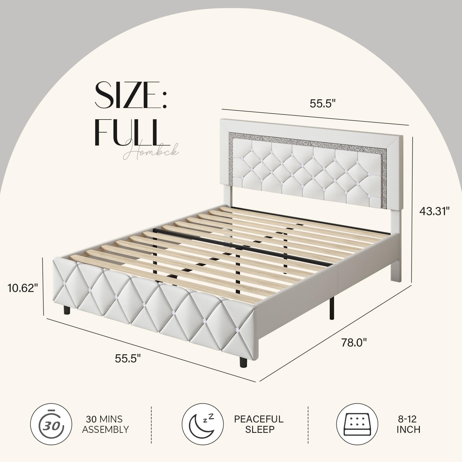 HOMBCK Full Platform Bed Frame with Upholstered Diamond Headboard, Mattress Foundation with Strong Wooden Slats Support, No Box Spring Needed, Easy Assembly, Pearlized White