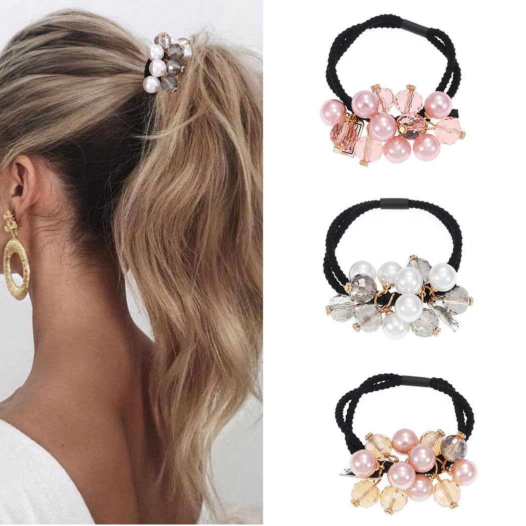 Yean Lazos elásticos para el cabello con perlas de cristal, accesorios para el cabello para mujeres y niñas (paquete de 3)