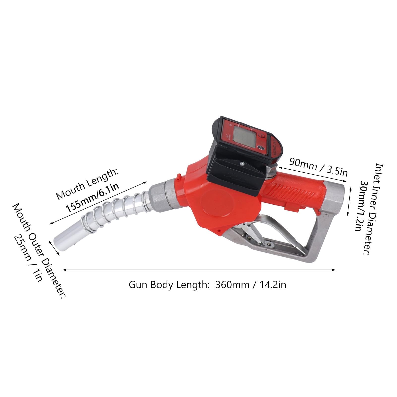 1in BSP Automatische Betankungsdüse K28 10-60 L/min Aluminiumlegierung Digitaler Durchflussmesser Benzin Zapfpistole 3-stellige Digitalanzeige Rot
