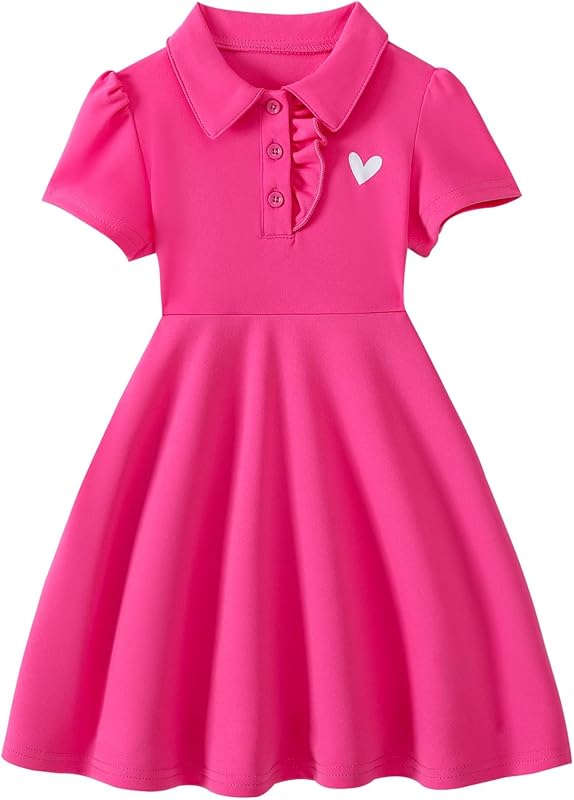 Girls Polo Dress Short Sleeve Uniform Dresses | Heart Print, Collared, Ruffle Placket, Half Button, Flared, Toddler, School, Graduation Outfit, Cute, Preppy, Casual, Daily