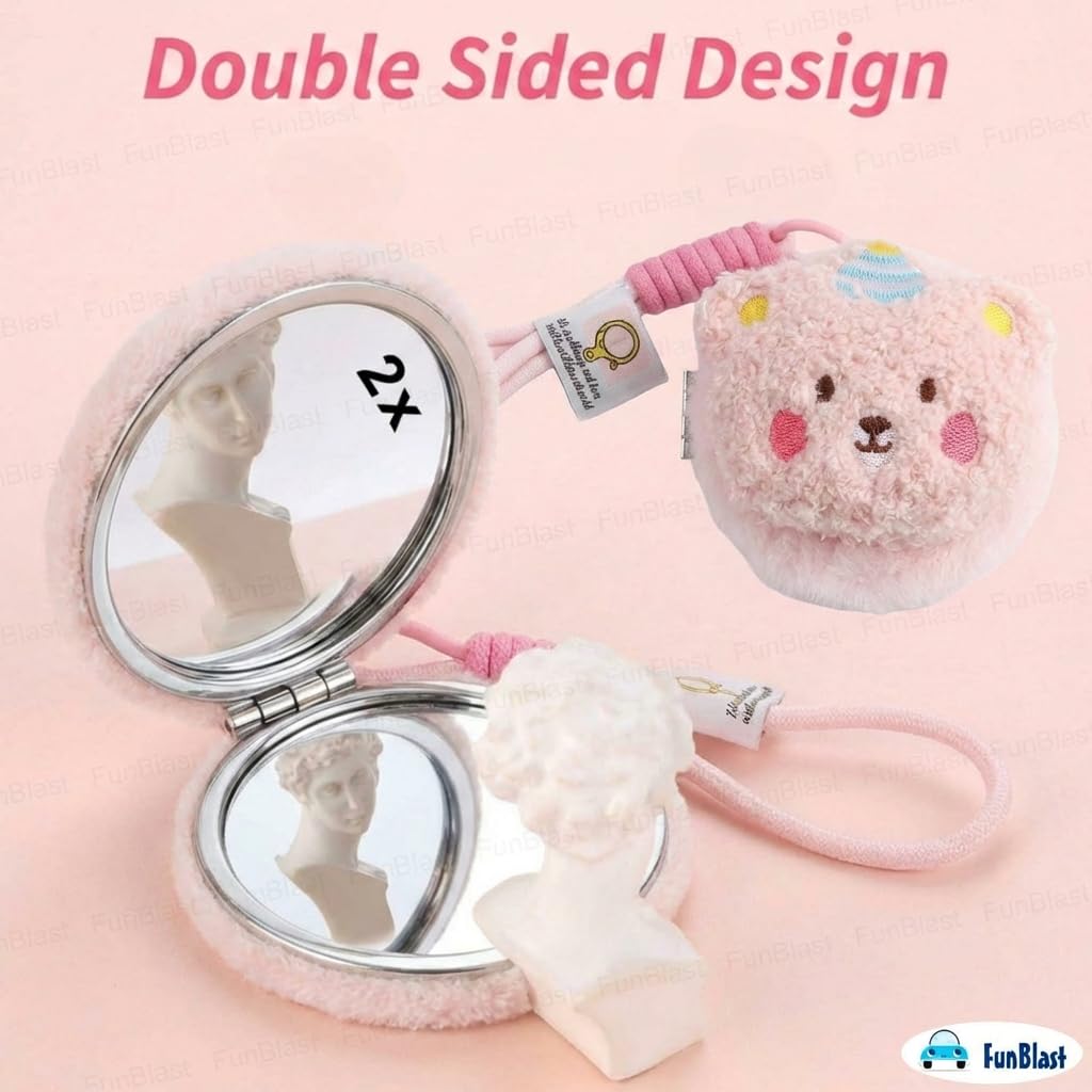FunBlast Cute Bear Plush Compact Mirror for Girls – Dual Side Portable Pocket Makeup Mirror with Hanging Strap and 1X & 2X Magnification, Lightweight Travel Mirror for Kids, Teens & Women (Pink) 1