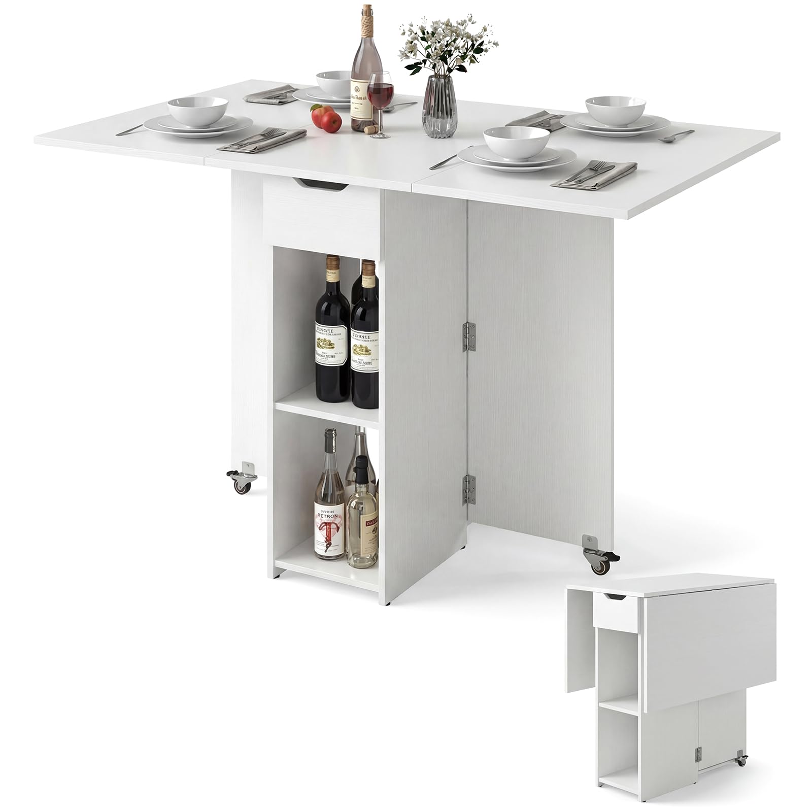 COSTWAY Tavolo da Pranzo Pieghevole, Tavolo Salvaspazio per 4-6 Persone con 2 Ripiani, Cassetto e Ruote a Freno, Tavolino Cucina per Cucina, Soggiorno e Ufficio, 120 x 72 x 75 cm (Bianco)