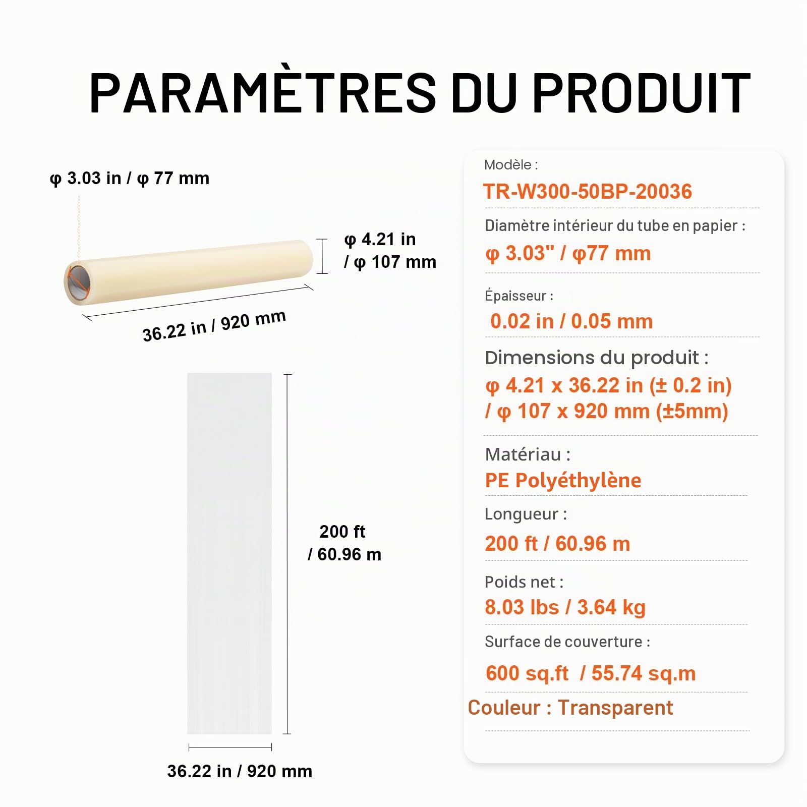 VEVOR Film de Protection de Tapis, 920 mm x 60,96 m, Protecteur de Tapis avec Dos Auto-adhésif, Rouleau de Film Protection Adhésif Polyéthylène pour Construction, Décoration et Rénovation Intérieur