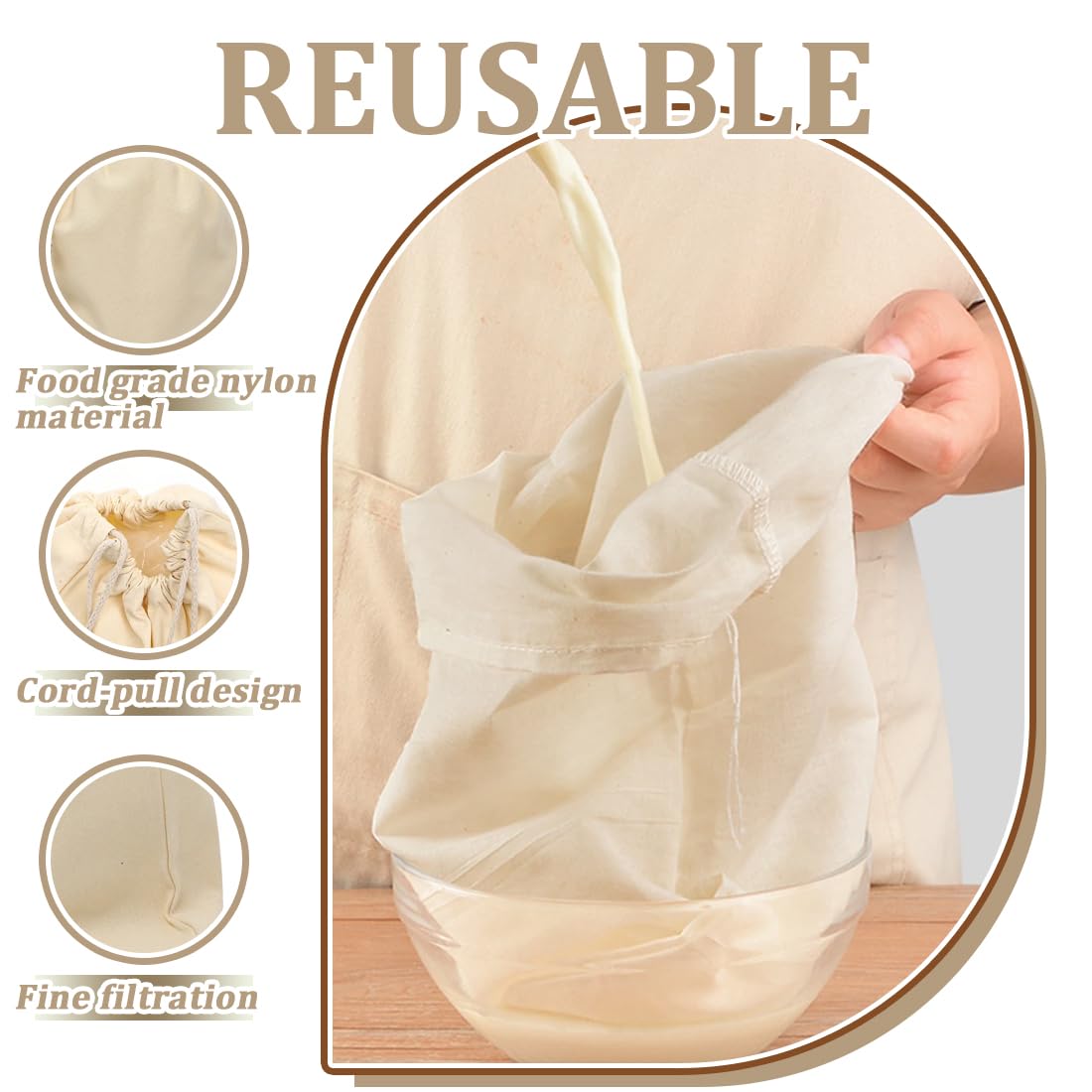 Bolsas de Leche de Nuez Reutilizables 100% Algodón 4 Piezas 20x30 30x45 cm