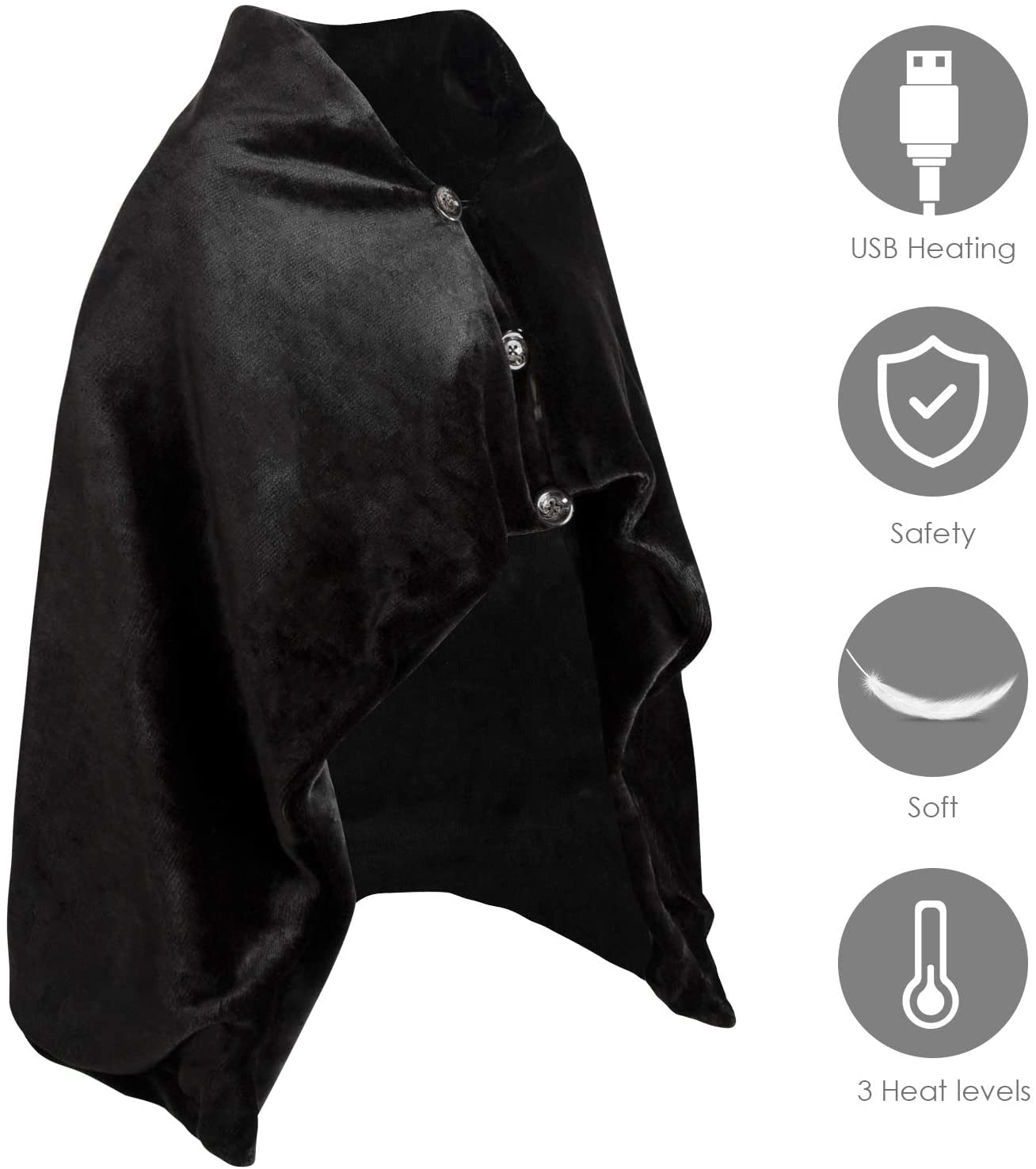 Manta eléctrica de felpa USB con 3 niveles de calor 3 ajustes de temporizador, capa cálida para hombros y cuello, color negro