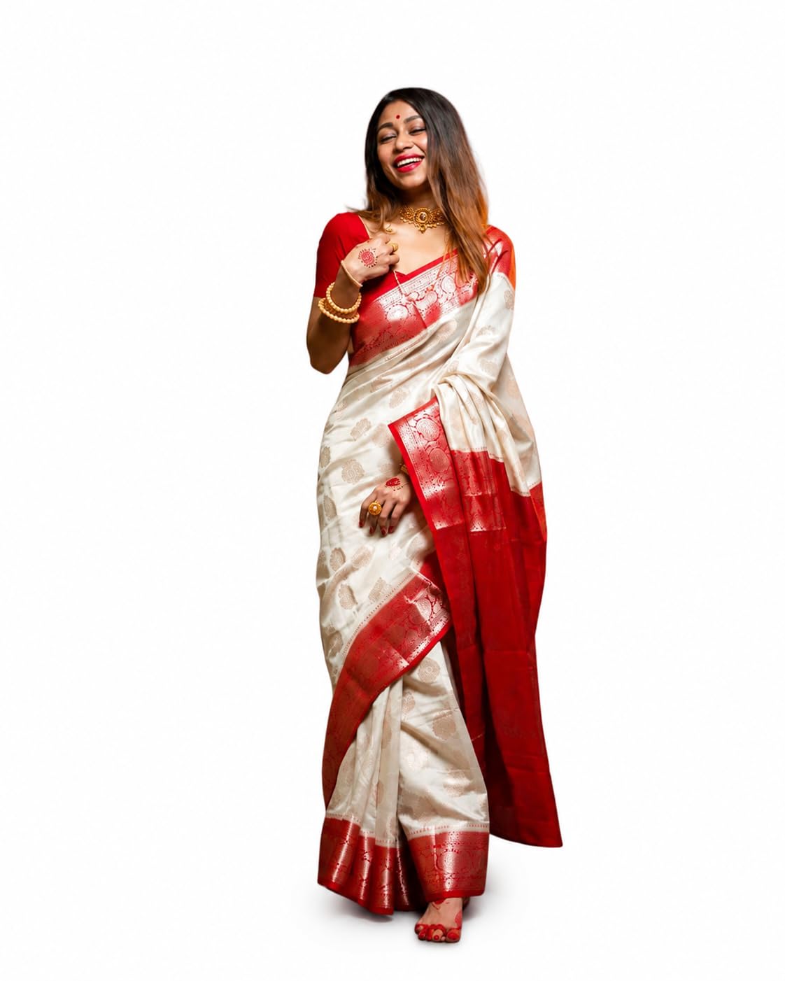Silk Saree for Women, Off-White and Red, Zari Woven Border, Traditional Indian Ethnic Wear-image-14