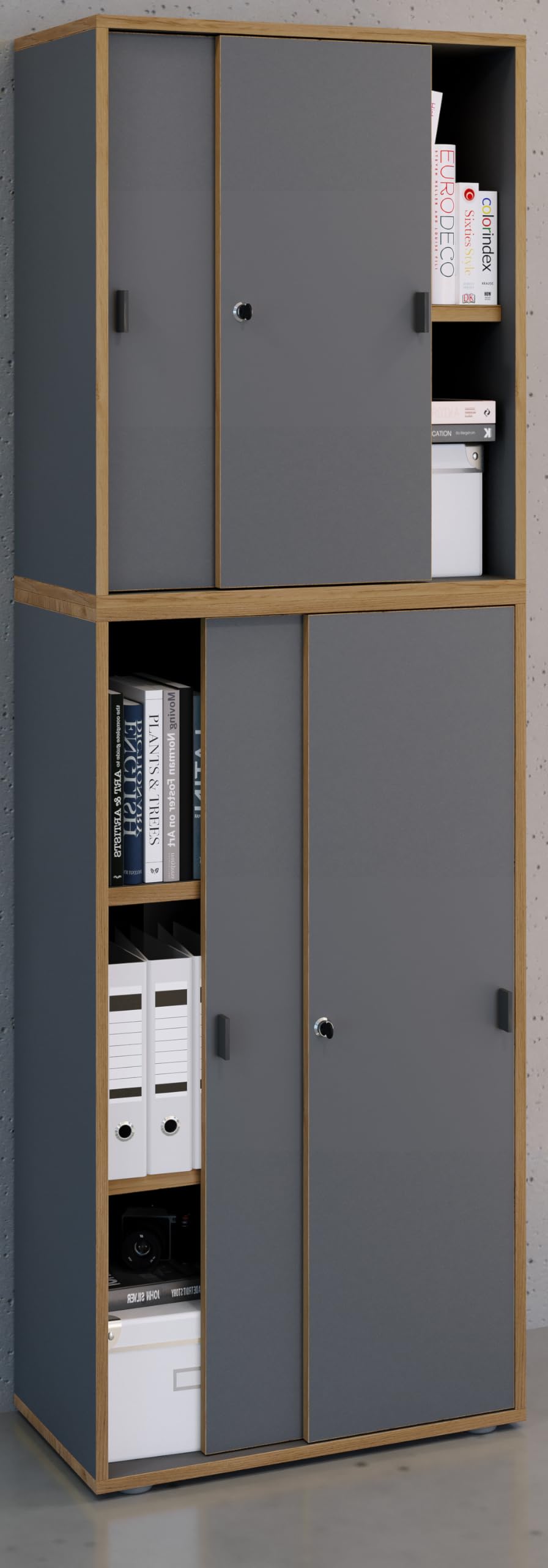 VCM Armario de Oficina de Madera Archivador Mobiliario de Oficina Armario Salia 5 Pliegues Anchura 60 cm Puertas correderas Antracita