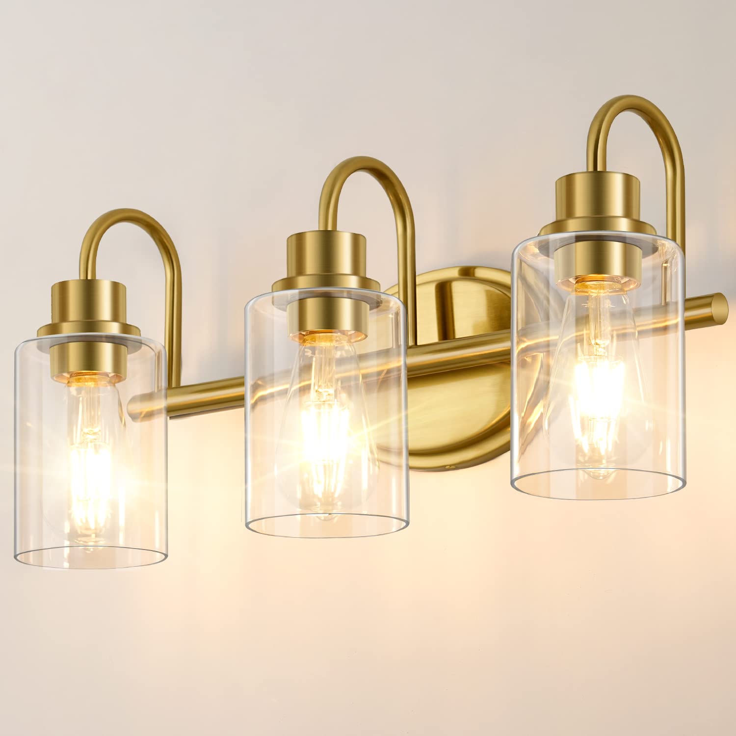 Bathroom Light Fixtures 3 Light, Brushed Brass Vanity Light Fixture, Modern Gold Bathroom Light Fixtures with Clear Glass, Bathroom Lights Over Mirror, Vanity Lights for Bathroom, Kitchen
