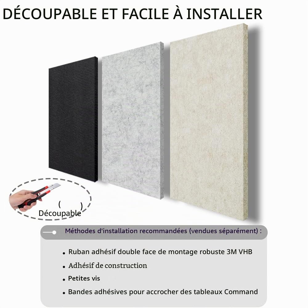 BXI Lot de 6 panneaux d'absorption acoustique haute densité - Carreaux en feutre acoustique pour décoration de plafond et murale - 400 x 300 x 9 mm (noir mat)