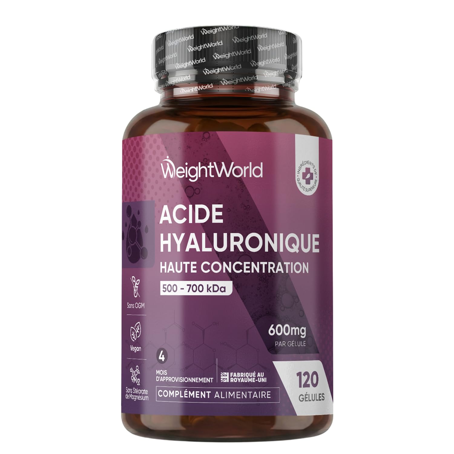 Acide Hyaluronique en Gélules 600mg, 120 Gélules Vegan (4 Mois), 500-700kDa | Ac