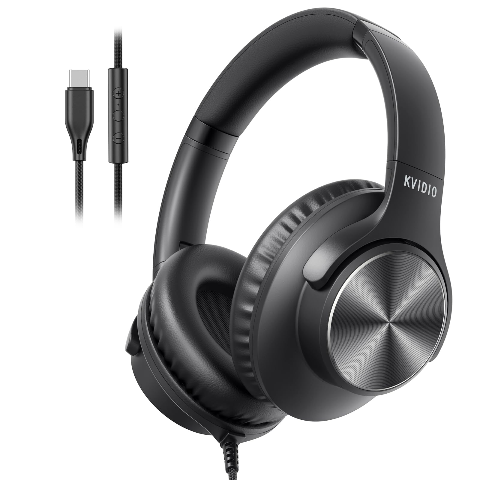 USB C Wired Headphones with Mic, Volume Control, Over-Ear for School, Black