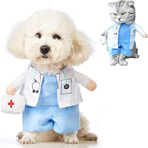 Disfraz de médico para perro, gato, divertido disfraz de Halloween para perros pequeños, gatos, cachorros, fiesta de cosplay, ropa de jeans, ropa de