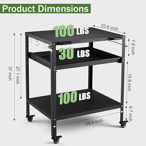 Miniatura 3 de Carrito de parrilla al aire libre con ruedas, mesa de soporte para horno de pizza de 3 estantes para exterior, patio, cocina, mesa móvil de